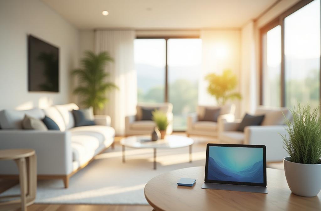 Modern smart home interior showing integrated technology, bright and welcoming.